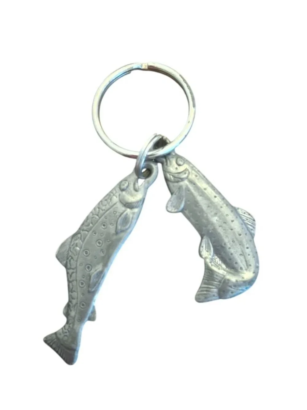 Vintage Pewter Trout Fish Keychain Fishing Angler Key Ring Double Fish Charm